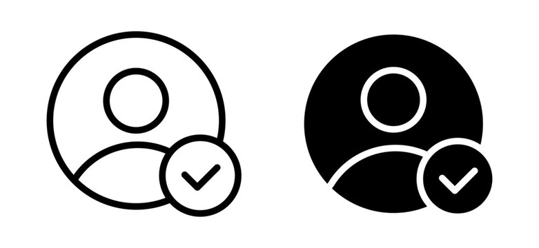 The outline and solid glyph icon of a person profile with a checkmark symbolizes a verified account or successful user authentication, perfect for UI and UX design.