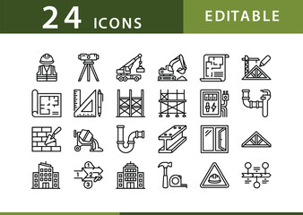 24 editable construction icons, a comprehensive vector set for building, engineering, and architectural projects, featuring tools and infrastructure elements. © Iconify Studio