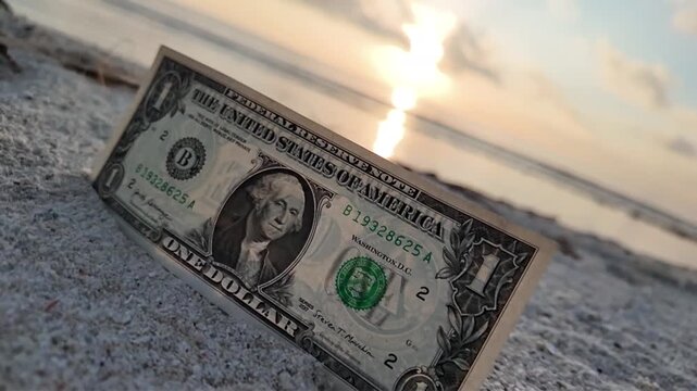 A video showcasing a dollar bill on the sand during sunset