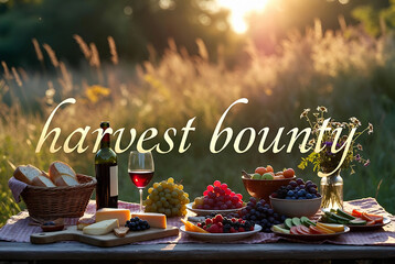 Obraz premium A table laden with fruits, wine, and cheeses is presented as a harvest bounty scene in a sun-drenched meadow.