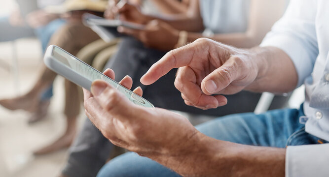 Crowd, hands and man on mobile app in seminar for online notes, info and digital interaction. Event, audience and mature person with phone at conference for live poll software, response and research
