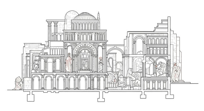 Architectural cross section drawing of a historic building showing interior detail