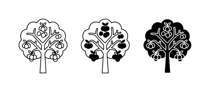 Fruit Tree Icons, Simple Vector Illustrations of Apple Trees, Black and White Line Art and Silhouette Graphics for Nature and Harvest Themes