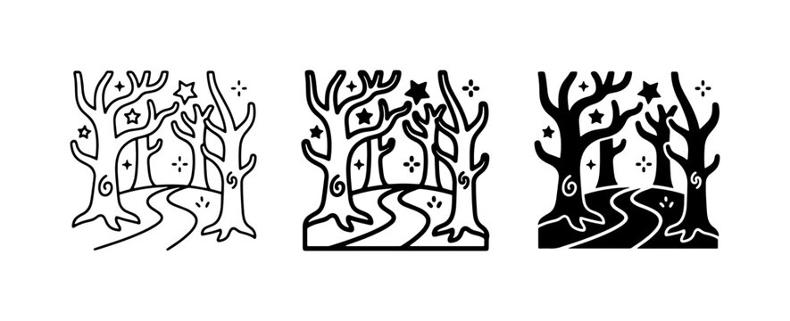 Enchanted Forest Path Icons, Mystical Woodland Scene Vector Set, Magical Nature Landscape Graphics