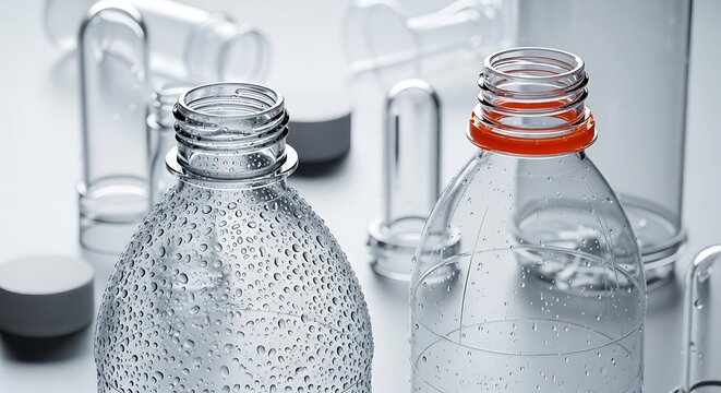 Clear plastic bottles with water droplets and preforms on a white background