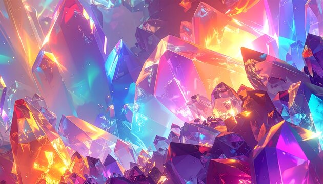 A vibrant, abstract crystal formation with kaleidoscopic colors