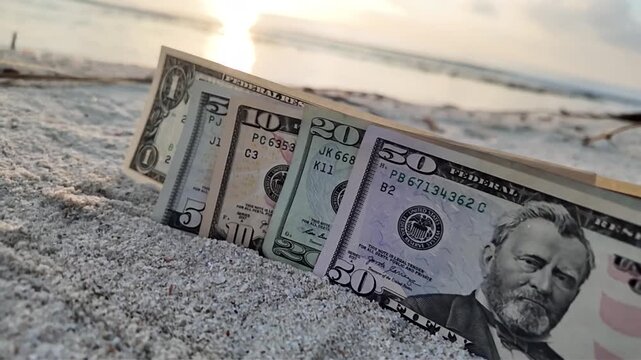 A video of money partially buried in sand on a beach at sunset