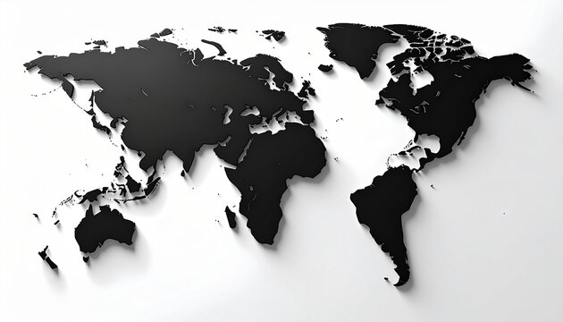 Minimal black world map clean design, isolated on pure white background, modern style