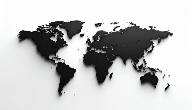 Minimal black world map clean design, isolated on pure white background, modern style