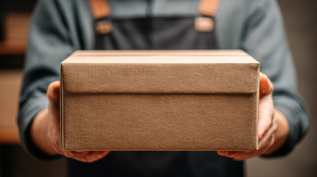 Delivery worker holding kraft cardboard parcel box with both hands in uniform on neutral background

