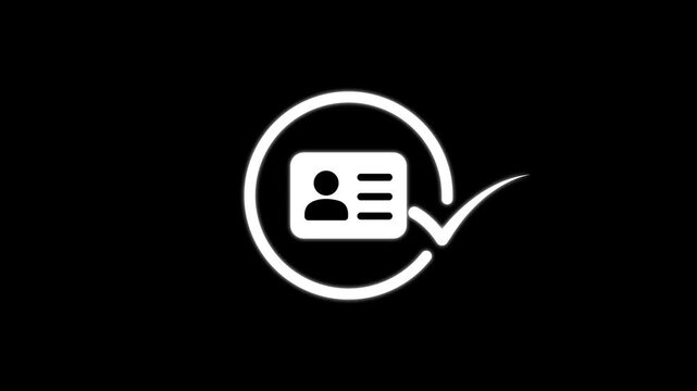 ID card verification animation on black background, person verification check mark, business animation.