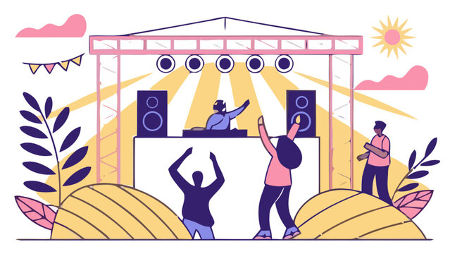 Vibrant music festival scene with energetic crowd dancing at outdoor concert with dj