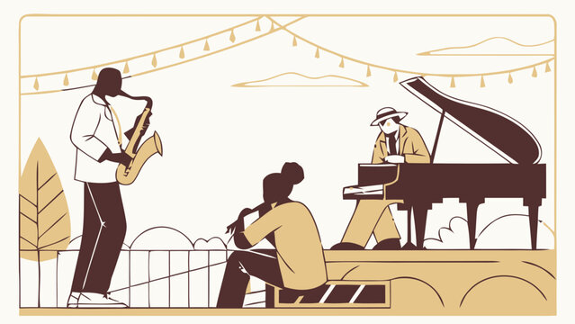 Jazz musicians performing outdoors with saxophone trumpet and piano under string lights at sunset