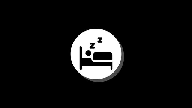 Sleep icon motion graphic animation on black background with bed and snoring symbol in white circle. animation