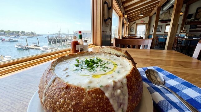 Delicious seafood soup in a bread bowl on a table by the window with a scenic harbor view