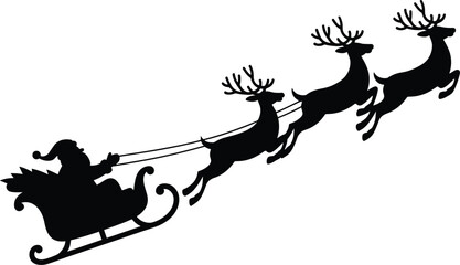 Black silhouette of santa claus in a sleigh pulled by three reindeer against a white background christmas © Badhon