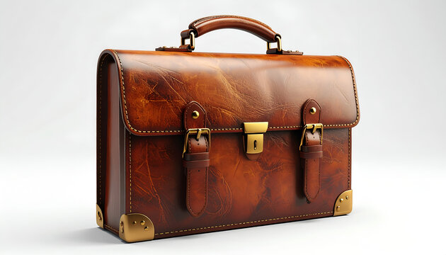 Classic Leather Briefcase with Brass Accents on White Background.