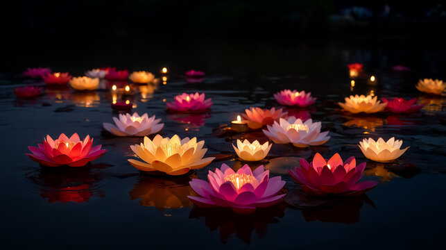 Floating lotus candles and paper lanterns on water at evening festival, warm spiritual light and peaceful cultural tradition background floating candles, lotus candles, lantern cer