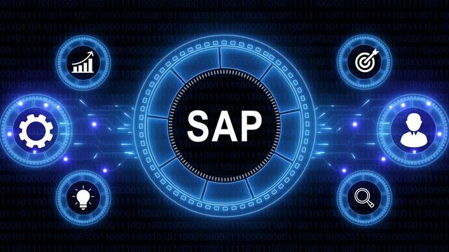 Represents a Large Language Model SAP AI chatbot, artificial intelligence, conversational and generative technology. Neon line Animated circuit board. Digital technology background.