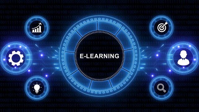 Represents a Large Language Model E-learning AI chatbot, artificial intelligence, conversational and generative technology. Neon line Animated circuit board. Digital technology background.