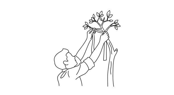 Person tying a bundle of branches with a ribbon, line art.