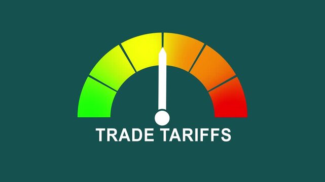 Animated digital gauge displays trade tariffs level, ranging from safe low to critical high, indicator changes through green, yellow, and red levels on dashboard.animation