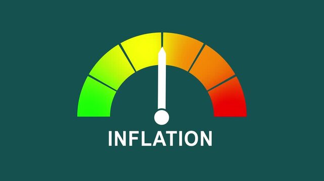 Animated digital gauge displays inflation level, ranging from safe low to critical high, indicator changes through green, yellow, and red levels on dashboard.animation