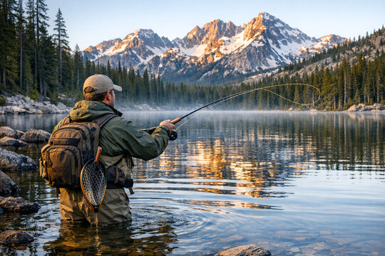 Angler casts fly rod in calm, reflective lake. Mountain peaks shine behind dense pine forest. Backpack and net hang from angler's gear. Water ripples gently with each cast motion