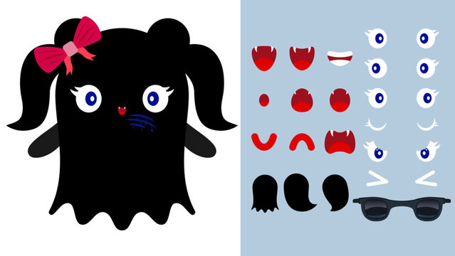 Textless sprite sheet of black ghost girl character creation kit with facial expressions.