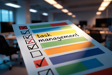 Fototapeta premium A task management checklist is displayed on a document, suggesting productivity and organization in an office setting.