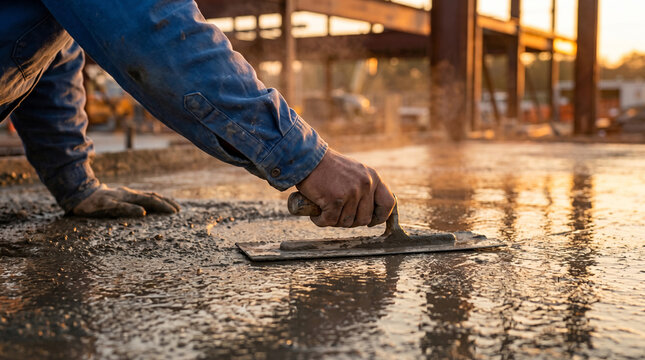 Skilled construction worker expertly troweling wet concrete on a building site during golden hour. Hard work & industry