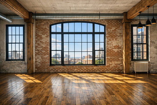 Empty room with wooden floor, sunlight shining through open windows, offering a view of the city skyline.