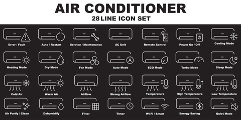Fototapeta premium Air conditioner line icon set vector, cooling, heating and climate control outline symbols collection, HVAC airflow icons for smart home, app, web and appliance UI design