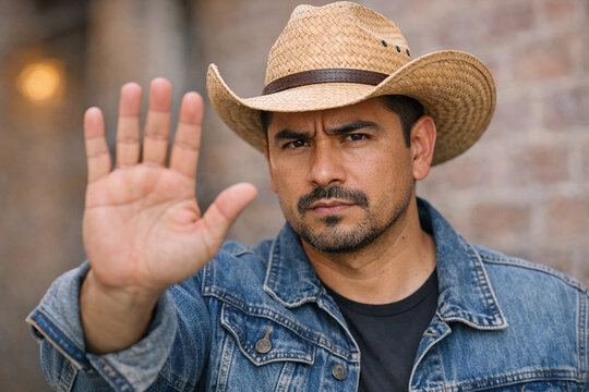 A man wearing a cowboy hat and denim jacket waves his hand.