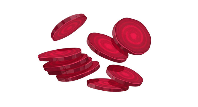 Fresh Sliced Beetroot Falling on White Background, Slices of Red Beet Root in Motion for Healthy Food Concept