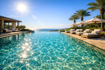 Obraz premium Sunsplash at the infinity pool overlooking the ocean.