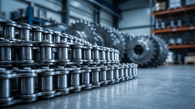 Close-up of industrial roller chains with blurred gears in a modern manufacturing facility. High-precision engineering components
