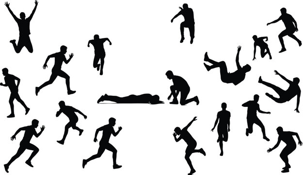 Athlete silhouettes running jumping falling and dynamic motion poses sports action human figures collection illustration set