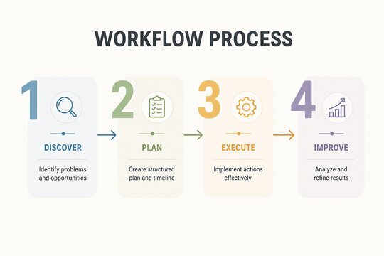 A workflow process diagram illustrating four steps: Discover, Plan, Execute, and Improve. It&rsquo;s a business or productivity visual aid.