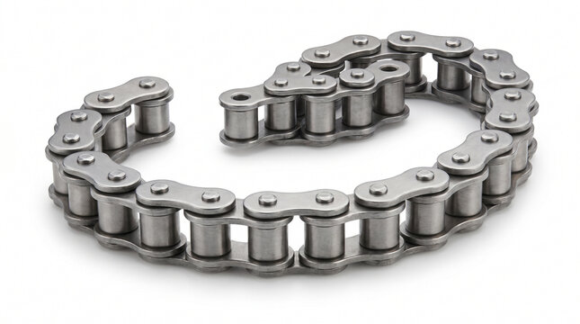 New, sturdy metal roller chain for industrial power transmission and machinery. Isolated on white background