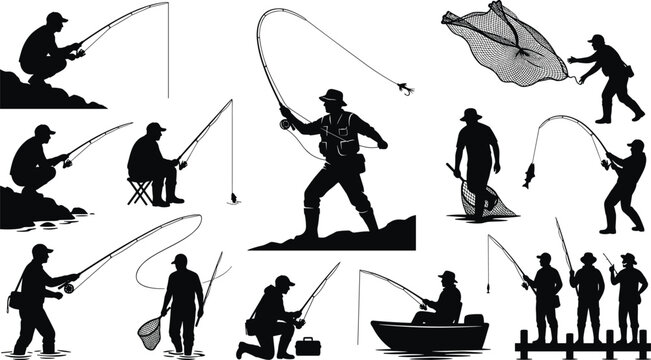 Fishing silhouettes collection showing anglers casting rods catching fish using nets and boats isolated on white background