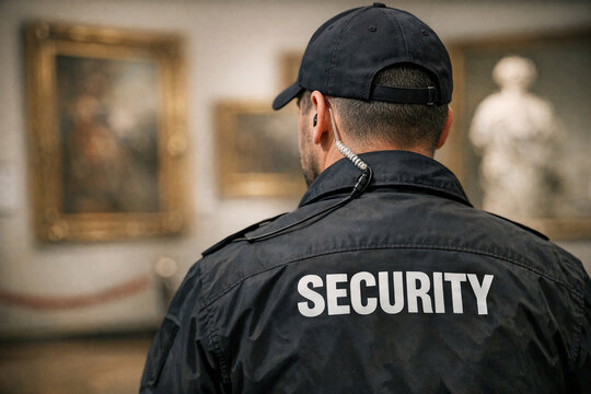 A security officer stands inside a museum, wearing a uniform with 'SECURITY' written on the back and a cap. He is facing away from the camera and looking at a painting on the wall.