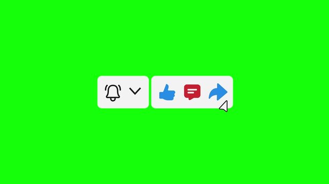 French Subscribe Animation with Social Icons Green Screen 4K. Features subscribe interaction, subscribed state animation, notification bell click, and like, comment, and share icons.