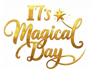 Fototapeta premium An enchanting golden hand-drawn typography design, declaring 'It's Magical Day' with elegant script, a whimsical sparkle, and a radiant star, ideal for festive occasions