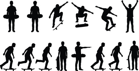 Skateboarder silhouettes set with skaters performing tricks jumping riding and holding board isolated on white background © MDRAKIB