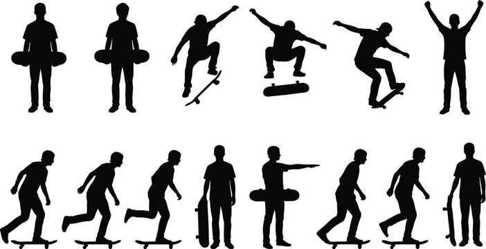 Skateboarder silhouettes set with skaters performing tricks jumping riding and holding board isolated on white background