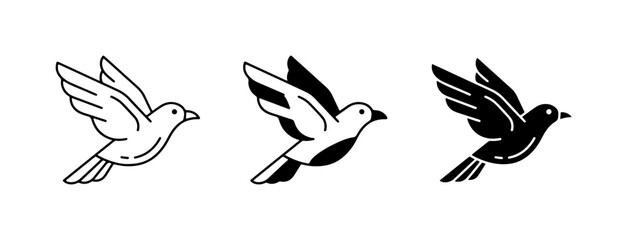 Obraz premium Flying Bird Icons Set, Simple Line Art and Silhouette Vector Graphics for Freedom and Nature Themes