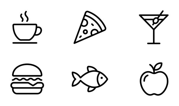 Minimalist Food Icons Set, Simple Line Art Symbols for Coffee, Pizza, Burger, Fish, Martini, Apple, Vector Graphics for Menus and Apps