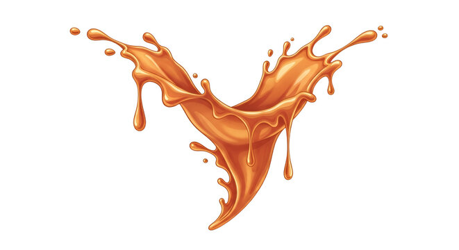 Glossy Caramel Sauce Splash with Liquid Drips and Droplets Isolated on White Background
