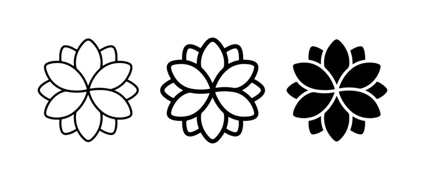 Lotus Flower Icons, Simple Geometric Floral Symbols, Outline and Solid Fill Variations for Design Projects